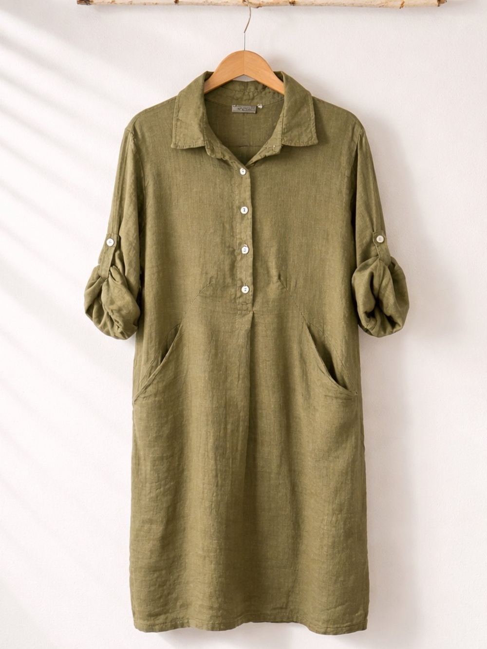 Elena Baldi Pure Linen Olive Green Shirt Dress Collared Pockets Roll Tab M
